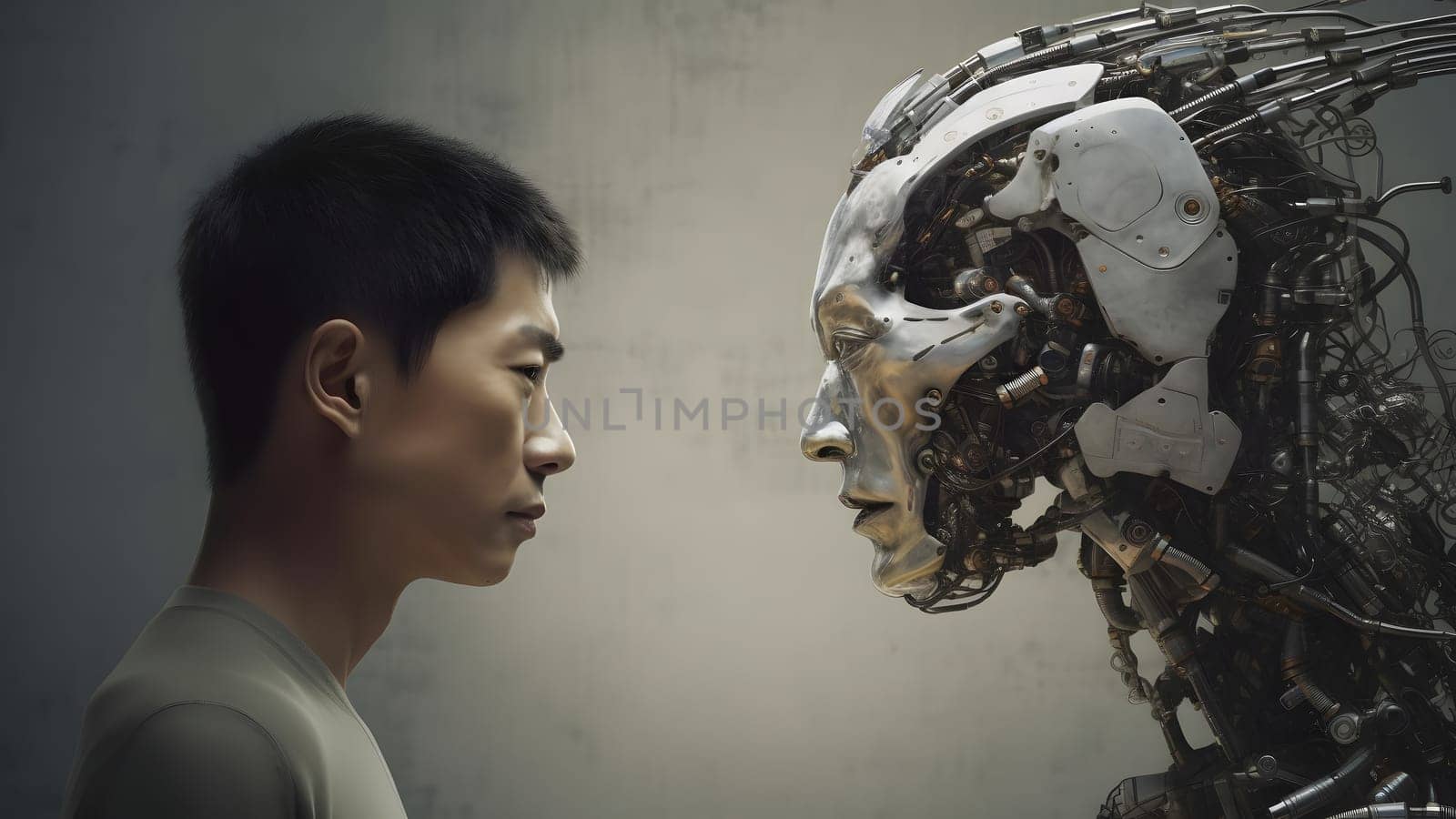 asian young adult man versus robot looking at each other, face to face, side view. Neural network generated in May 2023. Not based on any actual person, scene or pattern.