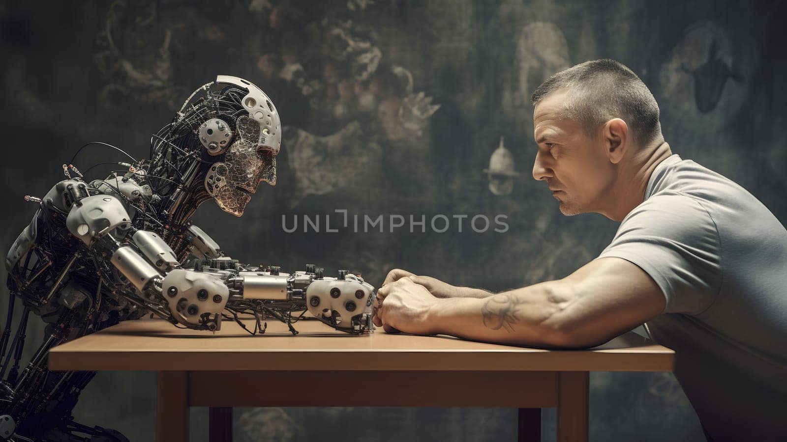 caucasian man versus robot are sitting at the table opposite looking at each other, side view. Neural network generated in May 2023. Not based on any actual person, scene or pattern.