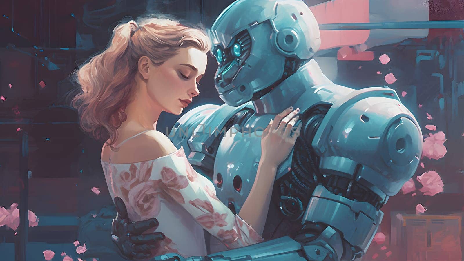 humanoid robot in love hugging with young adult caucasian woman, neural network generated image by z1b