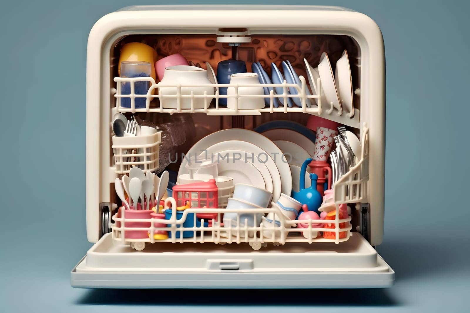 dishwasher machine with dishes inside on grey background, neural network generated image by z1b