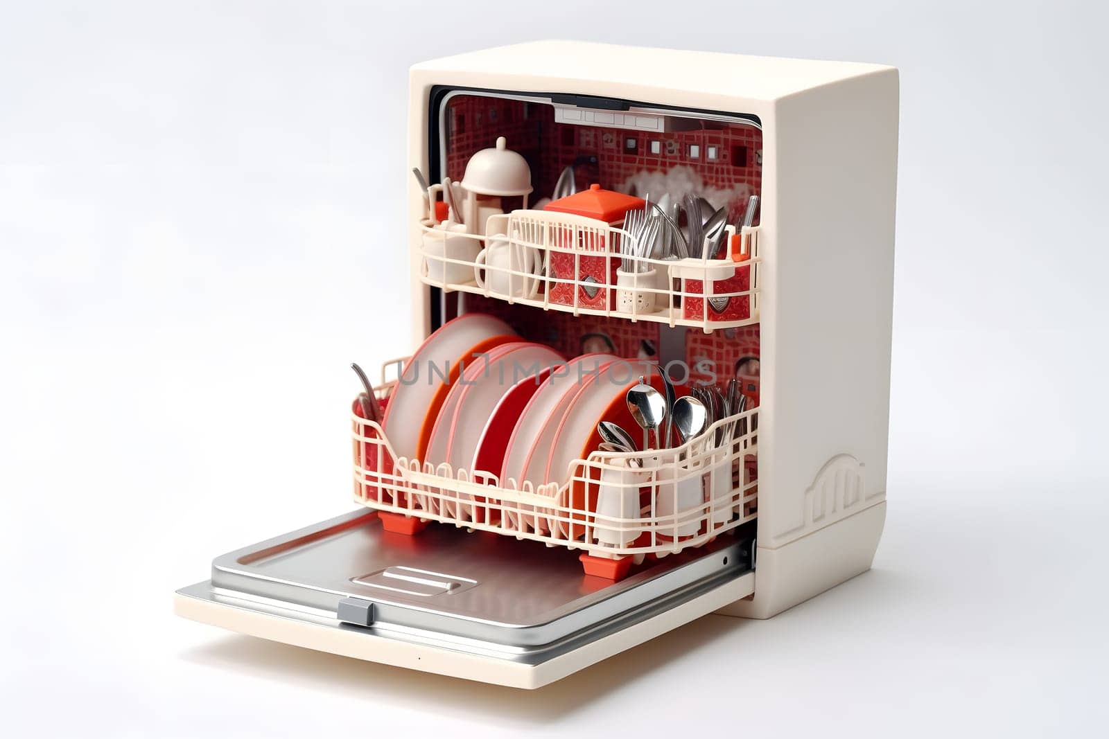 dishwasher machine with dishes inside on white background, neural network generated image by z1b