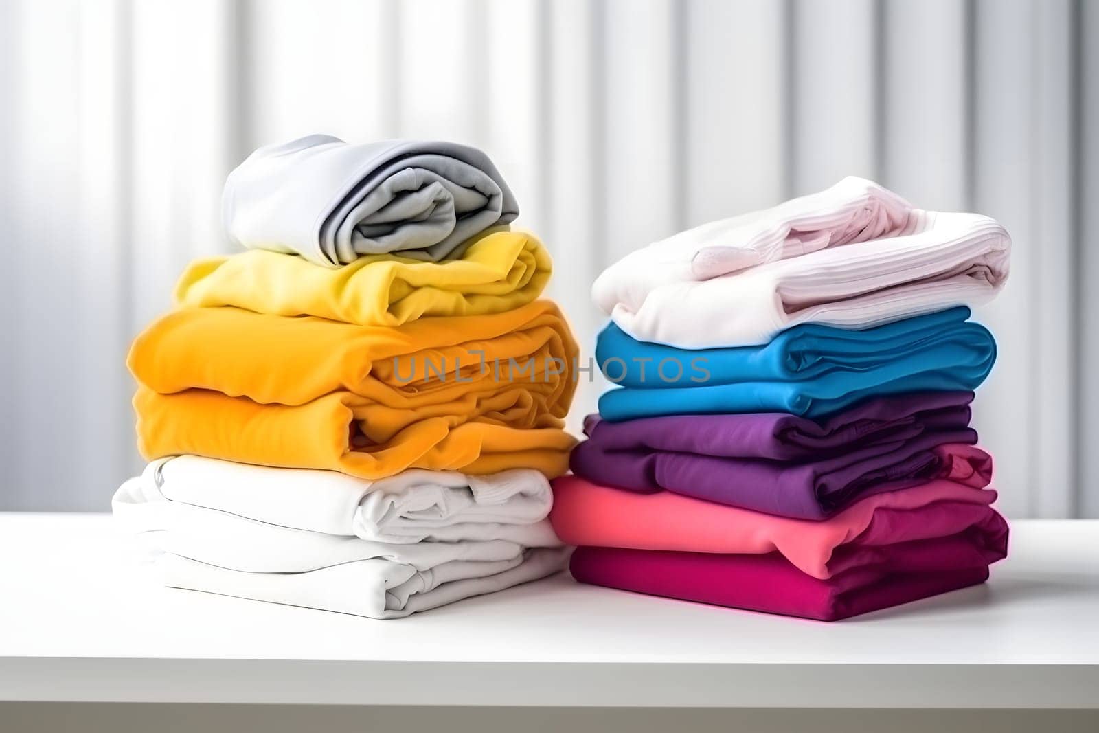 two colorful stacks of folded clothes on white laundry table, neural network generated photorealistic image by z1b