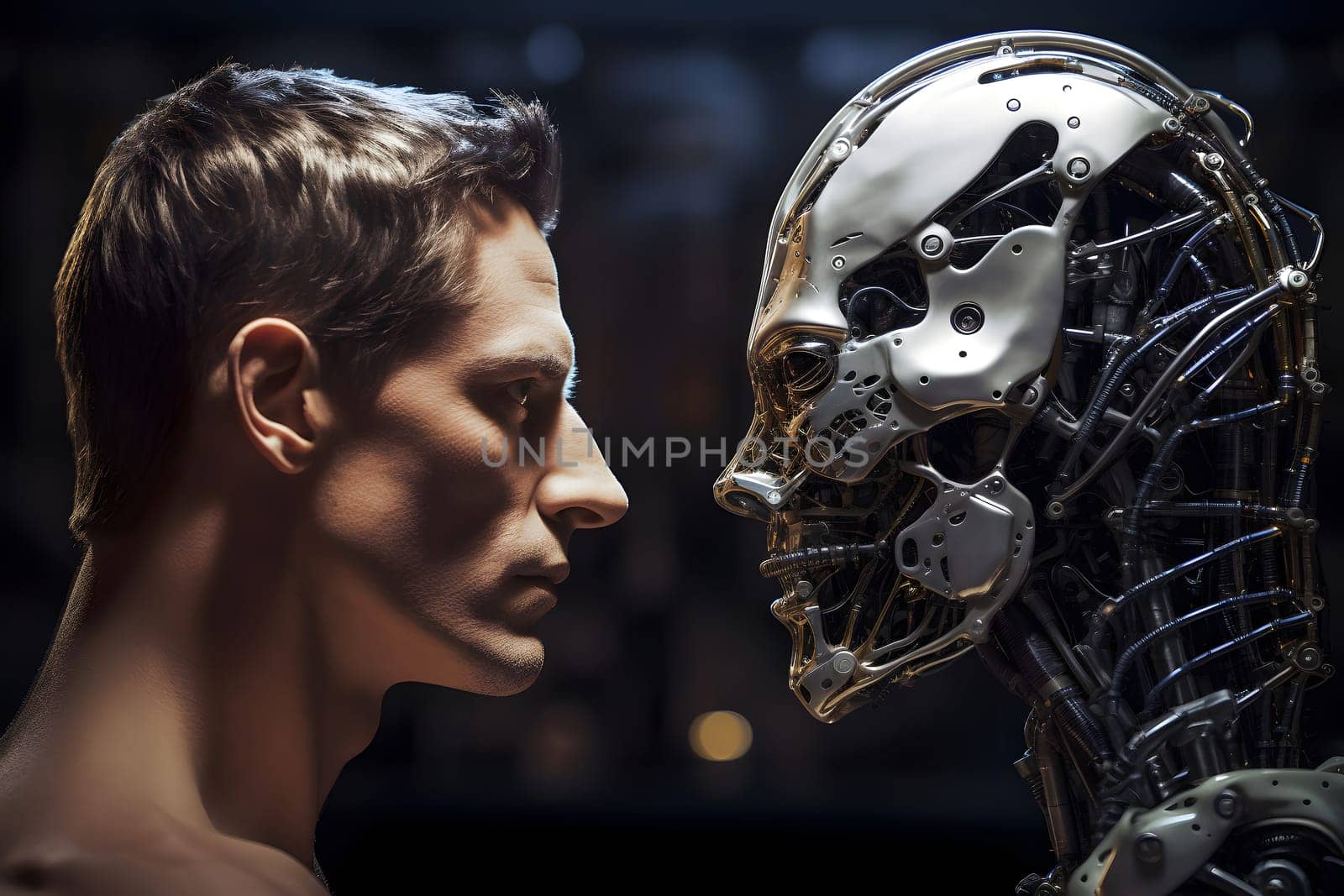 african american man versus robot looking at each other, face to face, side view. Neural network generated in May 2023. Not based on any actual person, scene or pattern.