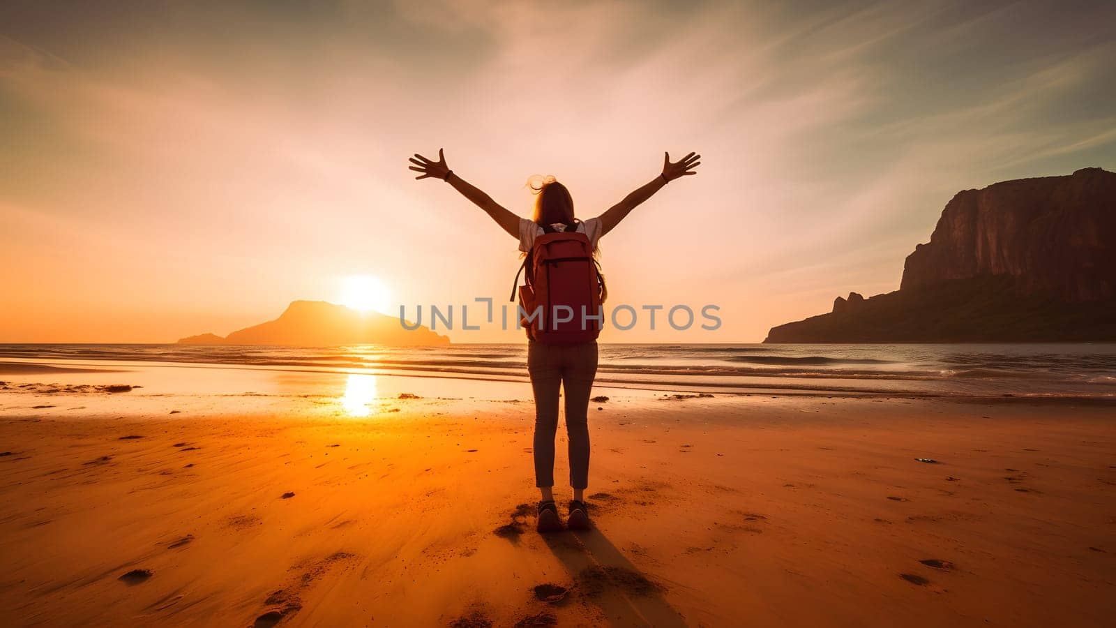 Happy traveler enjoying freedom at susnet beach - Cheerful hiker with backpack raising hands up at sunset. Neural network generated in May 2023. Not based on any actual person, scene or pattern.