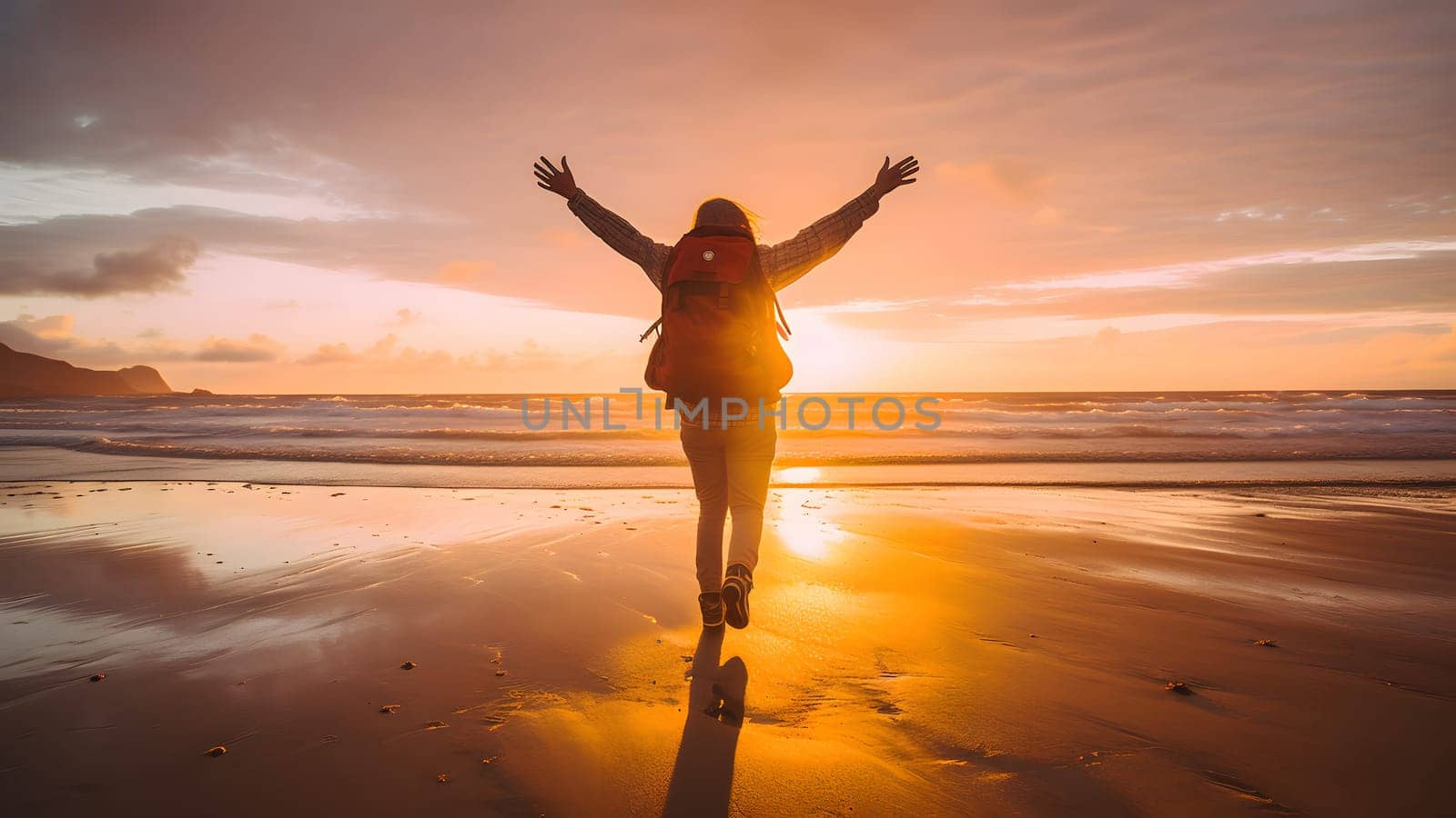 Happy traveler enjoying freedom at susnet beach - Cheerful hiker with backpack raising hands up at sunset. Neural network generated in May 2023. Not based on any actual person, scene or pattern.