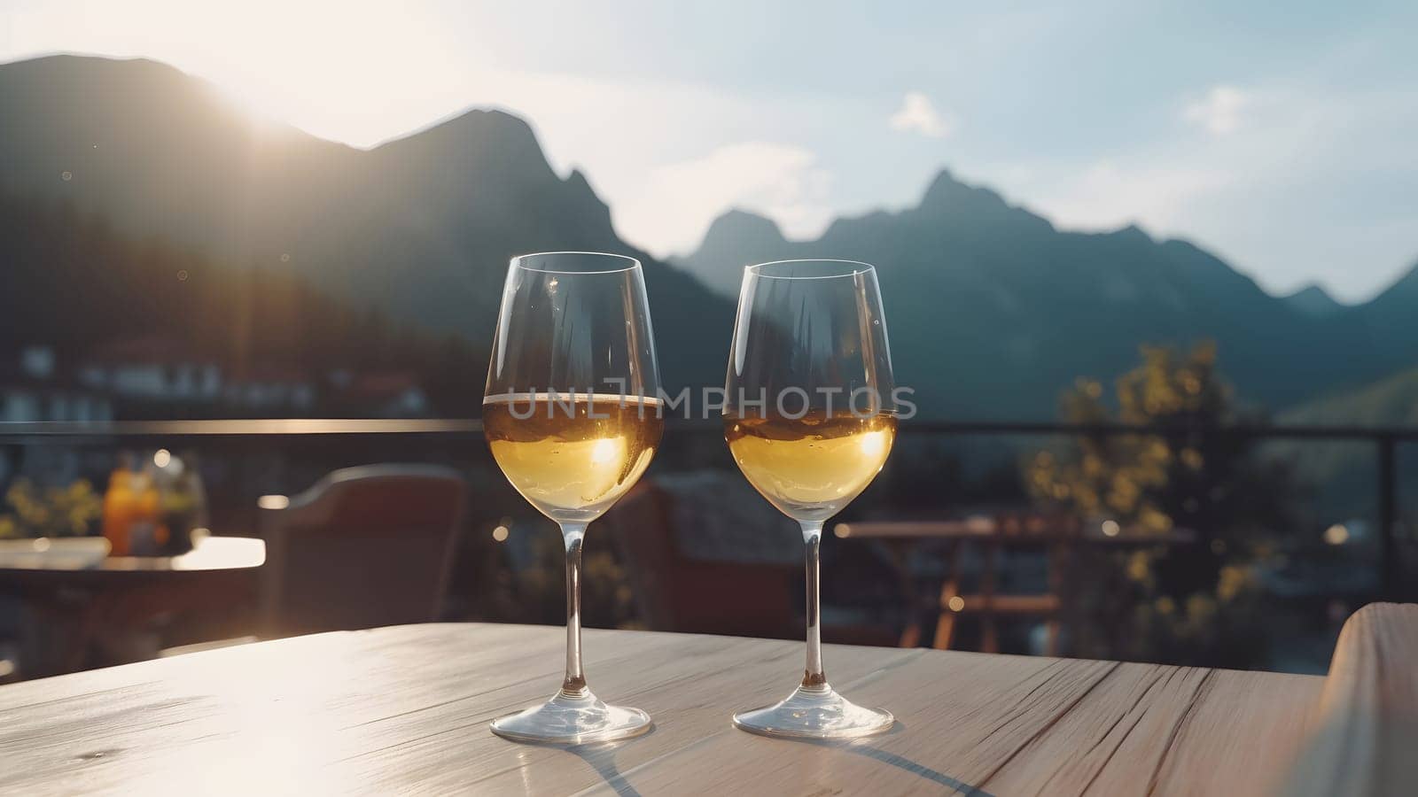 table on a terace with two glasses of wine, sunshine, summervibes, mountains in the background, neural network generated photorealistic image by z1b