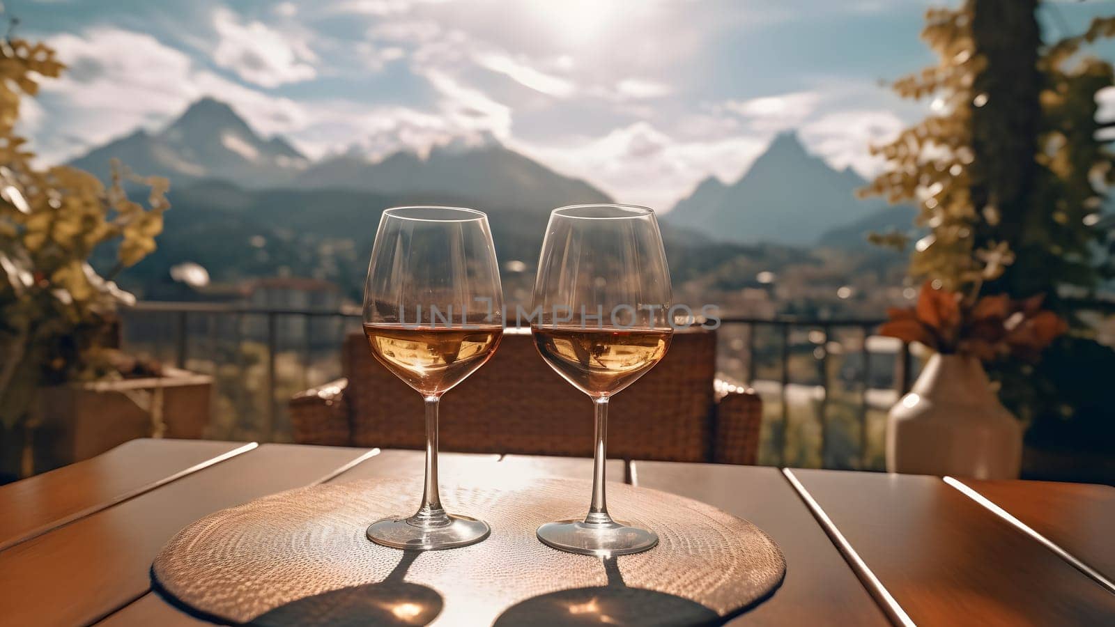 table on a terace with two glasses of wine, sunshine, summervibes, mountains in the background, neural network generated photorealistic image by z1b