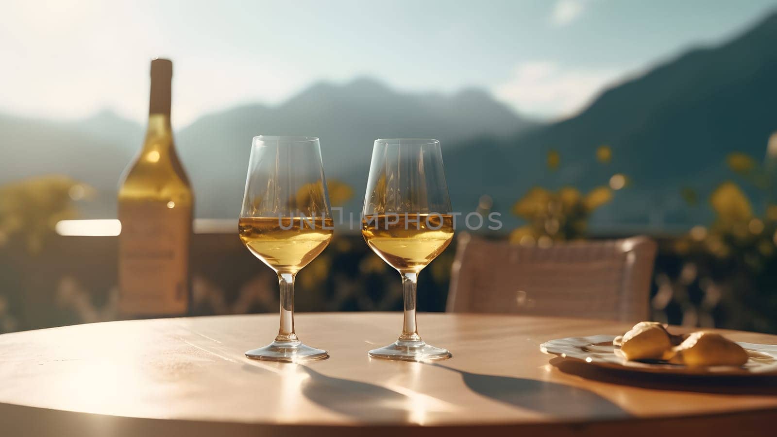 table on a terace with two glasses of wine, sunshine, summervibes, mountains in the background. Neural network generated in May 2023. Not based on any actual scene or pattern.