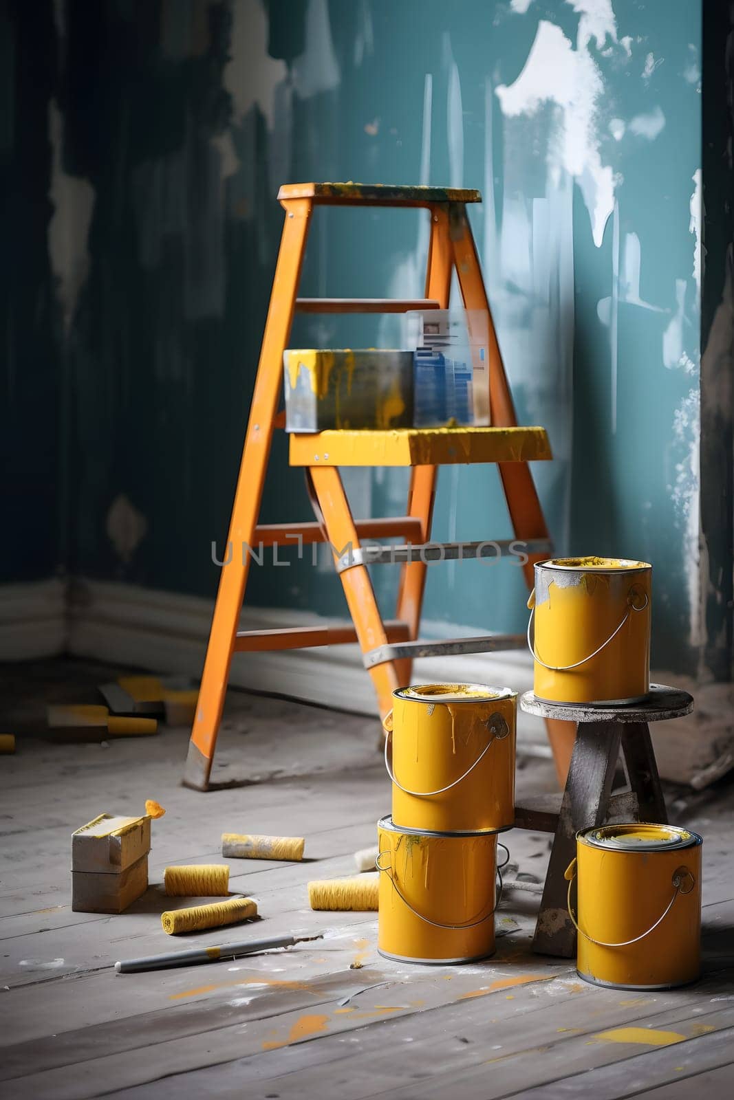 Repair indoors, cans of paint, a roller on the background of a stepladder. Neural network generated in May 2023. Not based on any actual scene or pattern.