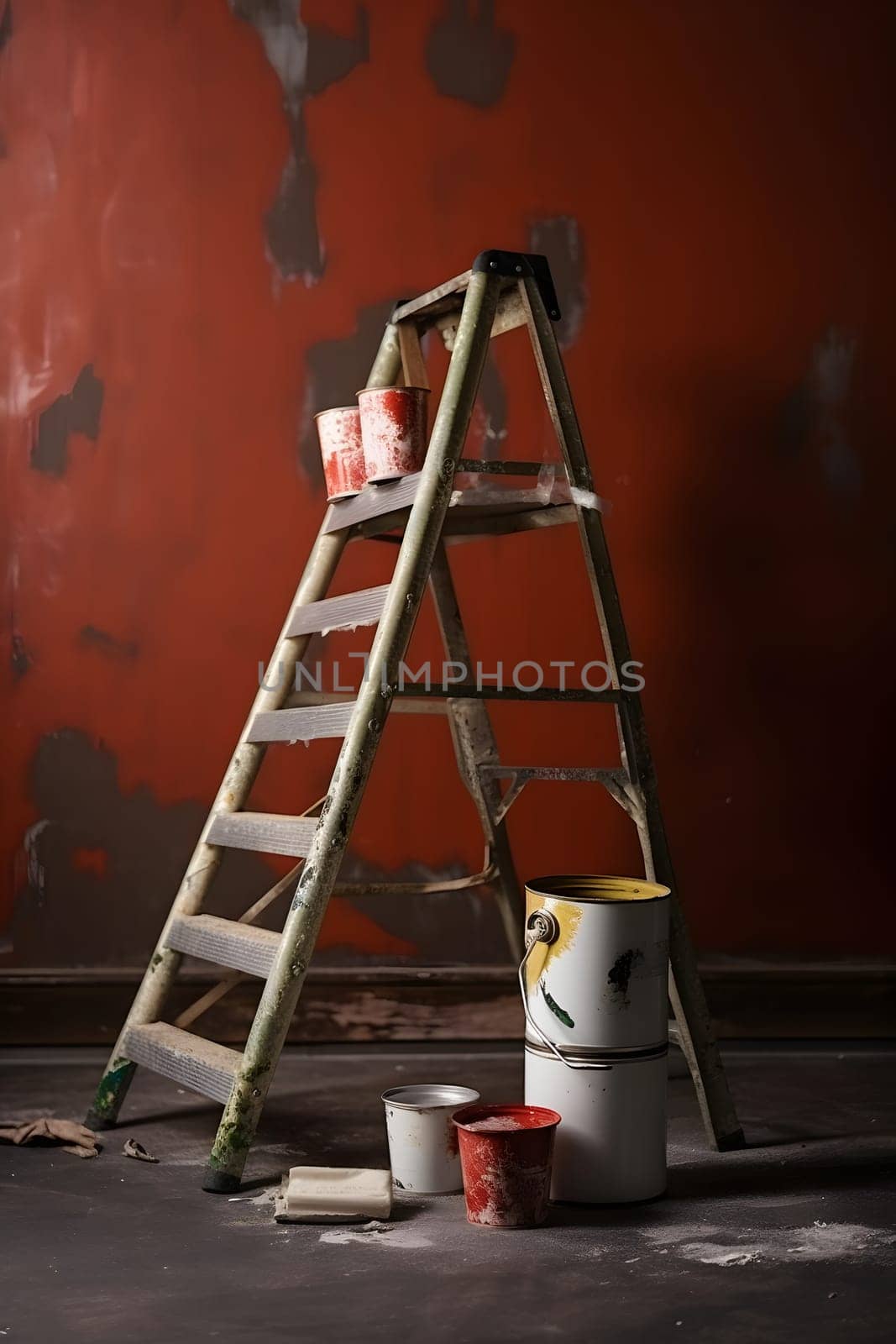 Repair indoors, cans of paint, a roller on the background of a stepladder. Neural network generated in May 2023. Not based on any actual scene or pattern.