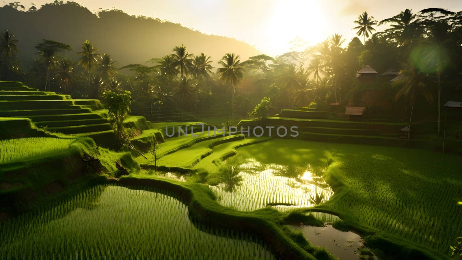 ricefields with intense light green color in the sunrise. Neural network generated in May 2023. Not based on any actual scene or pattern.