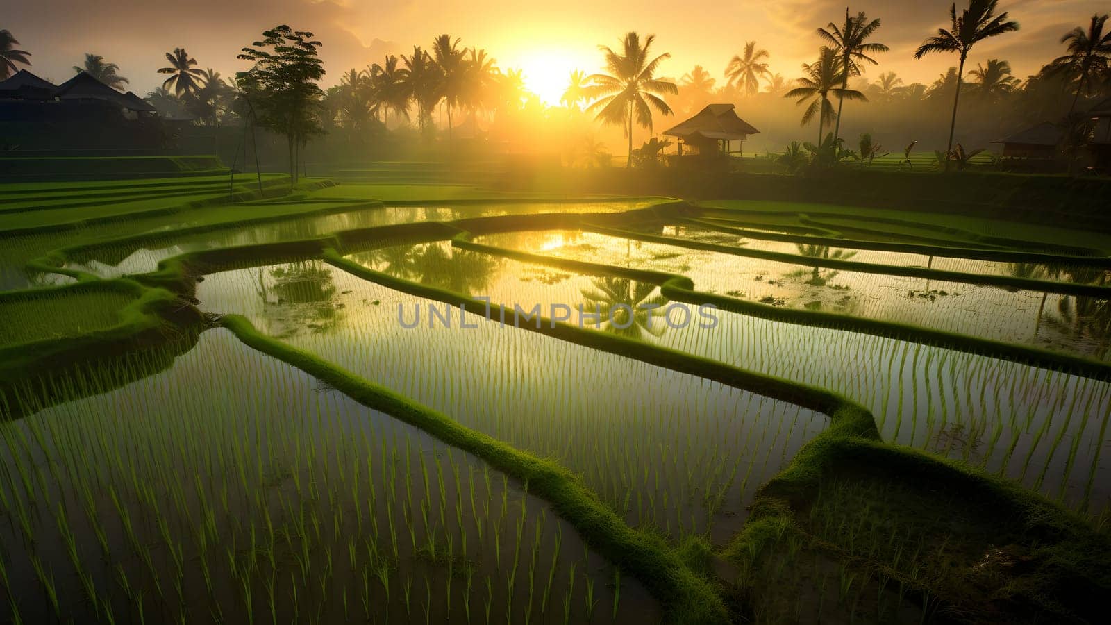 ricefields with intense light green color in the sunrise, neural network generated photorealistic image by z1b