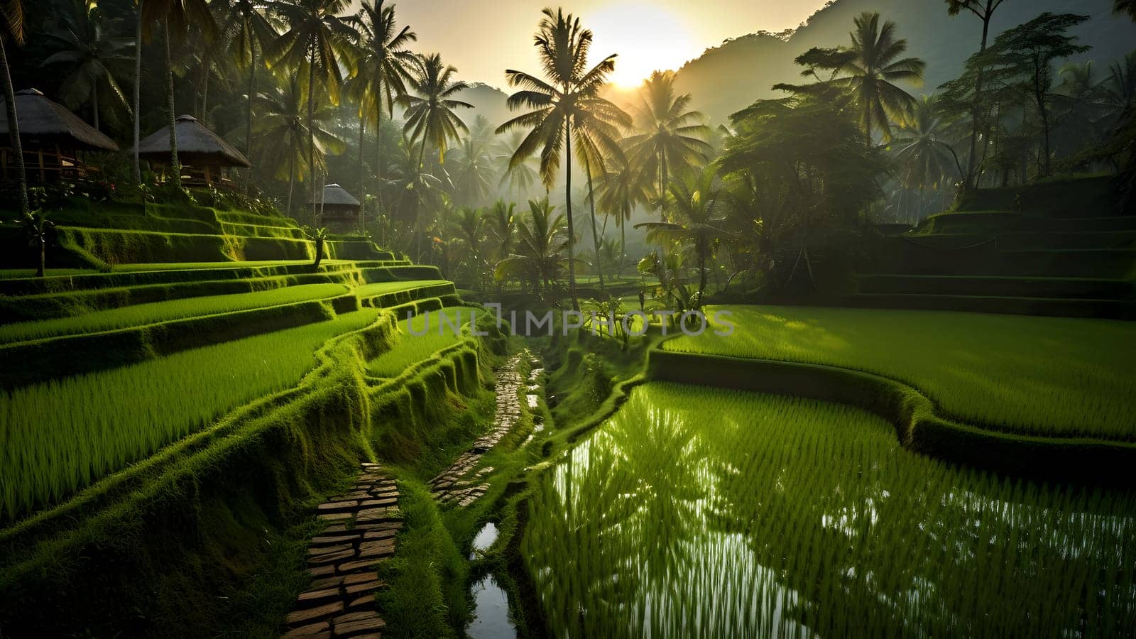 ricefields with intense light green color in the sunrise. Neural network generated in May 2023. Not based on any actual scene or pattern.