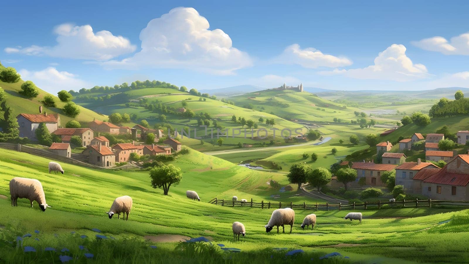 green hills under a blue sky with white clouds, serene countryside vibe with farmhouses and grazing sheeps, neural network generated image by z1b