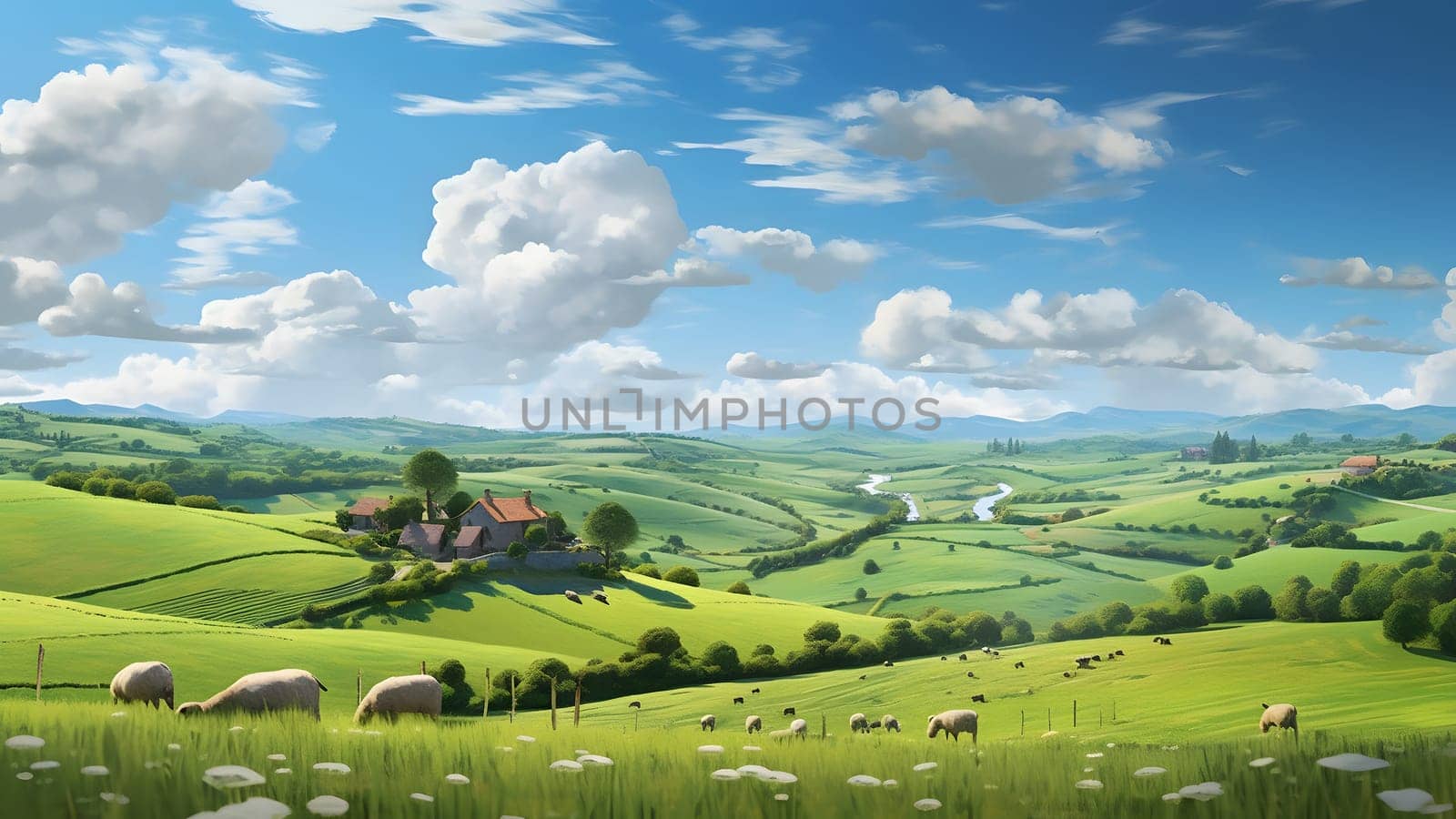 green hills under a blue sky with white clouds, serene countryside vibe with farmhouses and grazing sheeps. Neural network generated in May 2023. Not based on any actual scene or pattern.