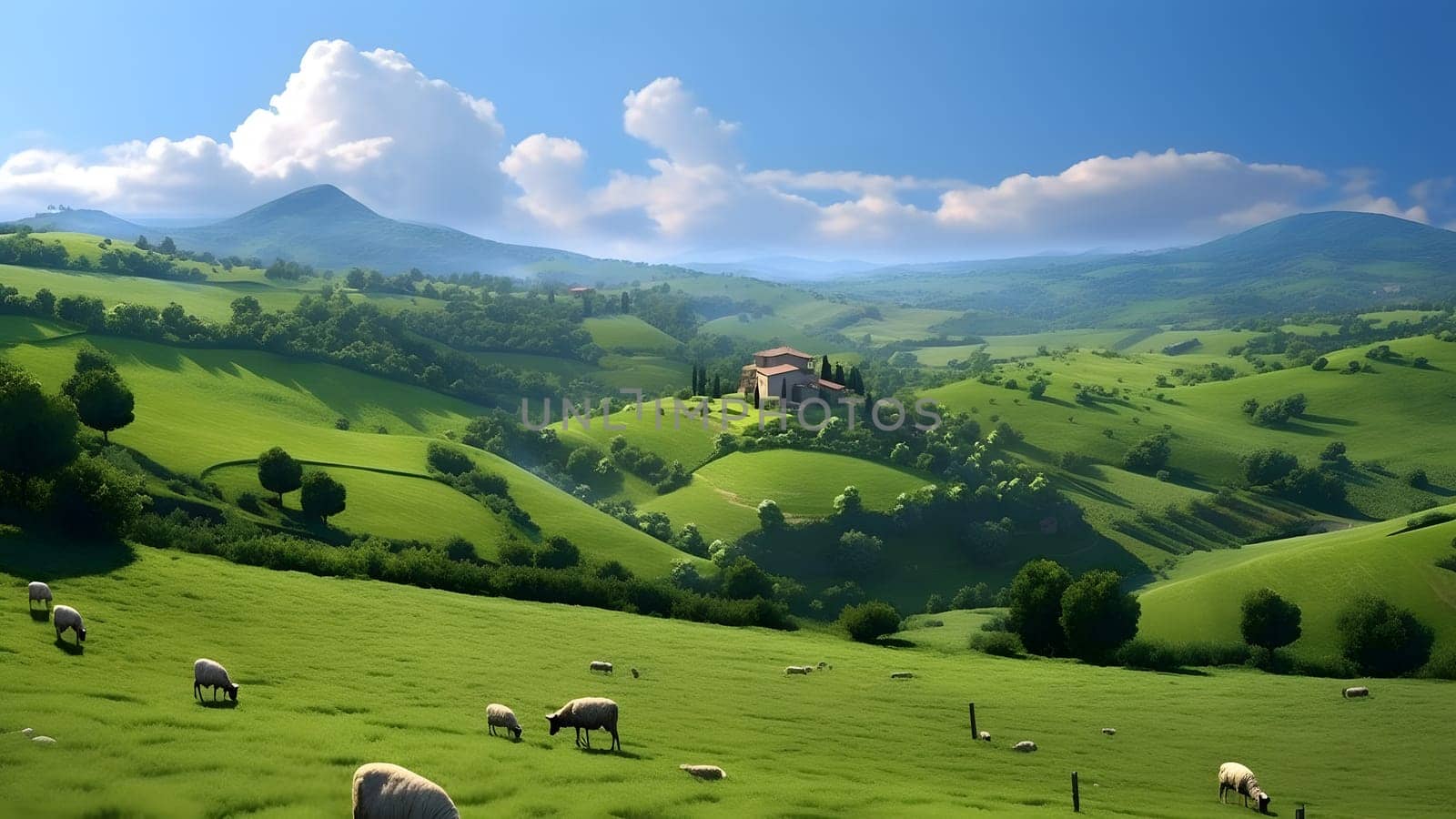 green hills under a blue sky with white clouds, serene countryside vibe with farmhouses and grazing sheeps, neural network generated image by z1b