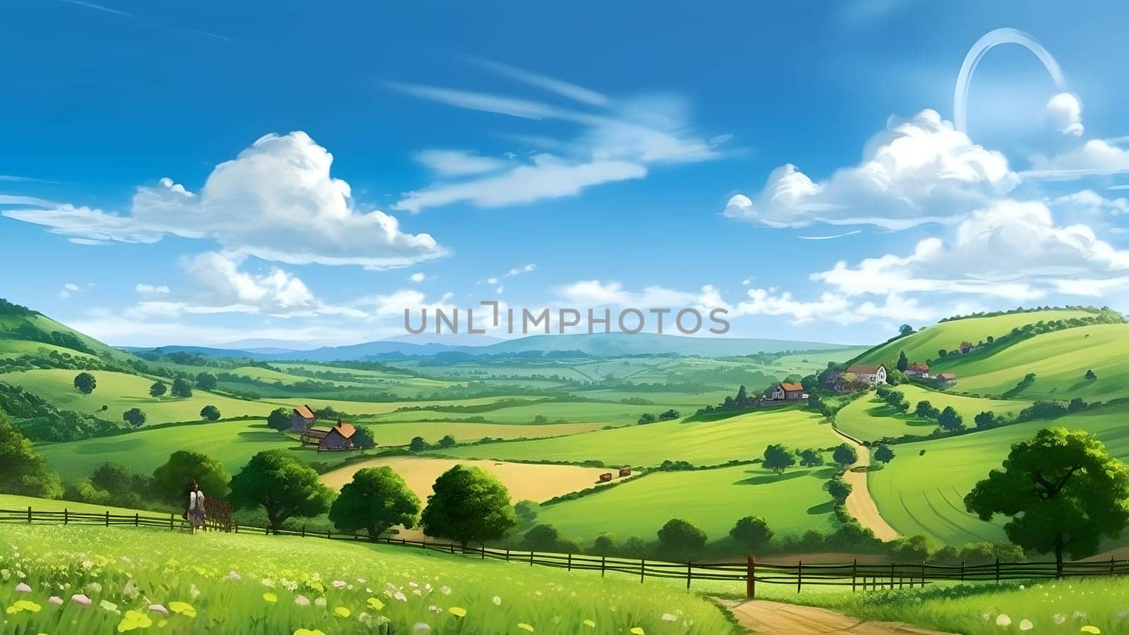 green hills under a blue sky with white clouds, serene countryside vibe with farmhouses and fenced fields, neural network generated image by z1b
