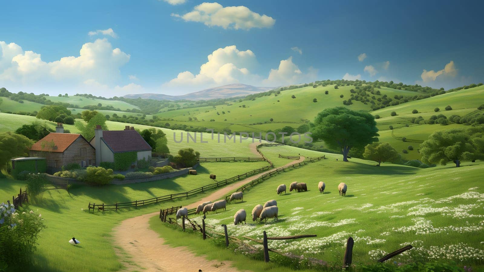 green hills under a blue sky with white clouds, serene countryside vibe with farmhouses and grazing sheeps. Neural network generated in May 2023. Not based on any actual scene or pattern.