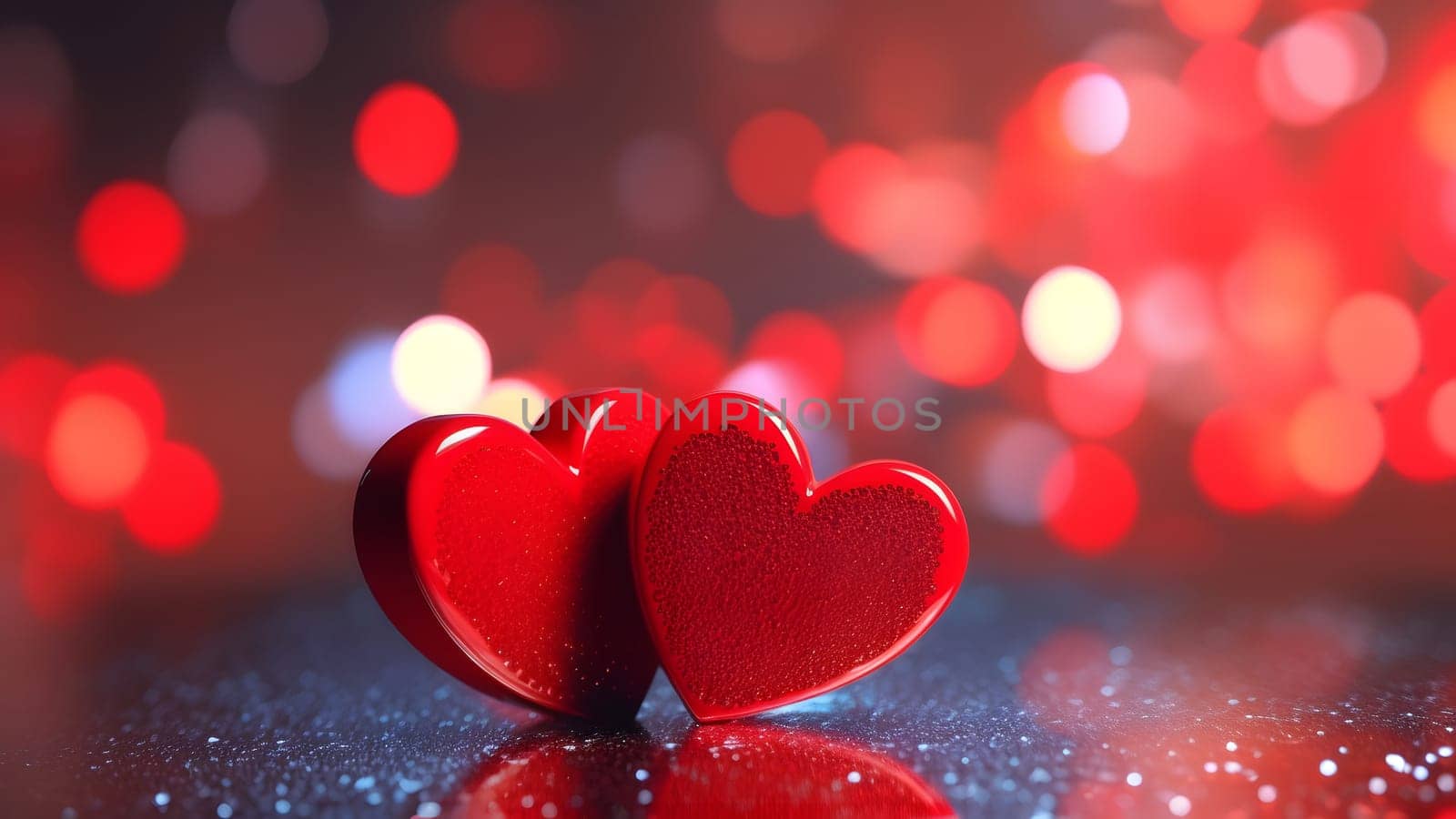 Saint Valentine day greeting card background with two red hearts against festive bokeh. Neural network generated in May 2023. Not based on any actual scene or pattern.