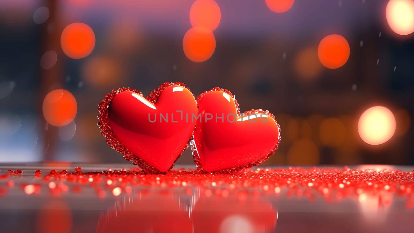 Saint Valentine day greeting card background with two red hearts against festive bokeh, neural network generated photorealistic image by z1b