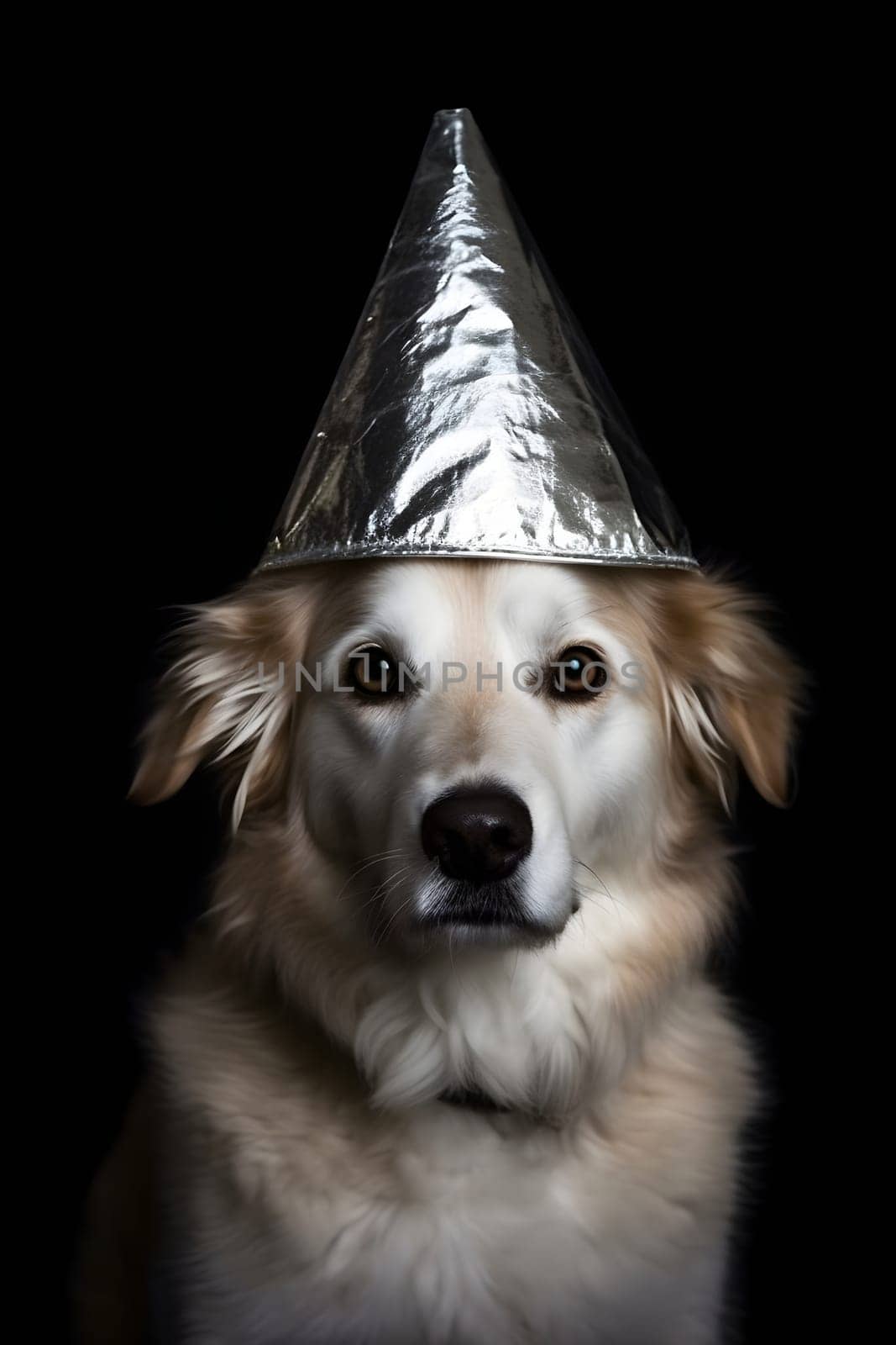 suspicious dog wearing foil hat on black background,. Neural network generated in May 2023. Not based on any actual scene or pattern.