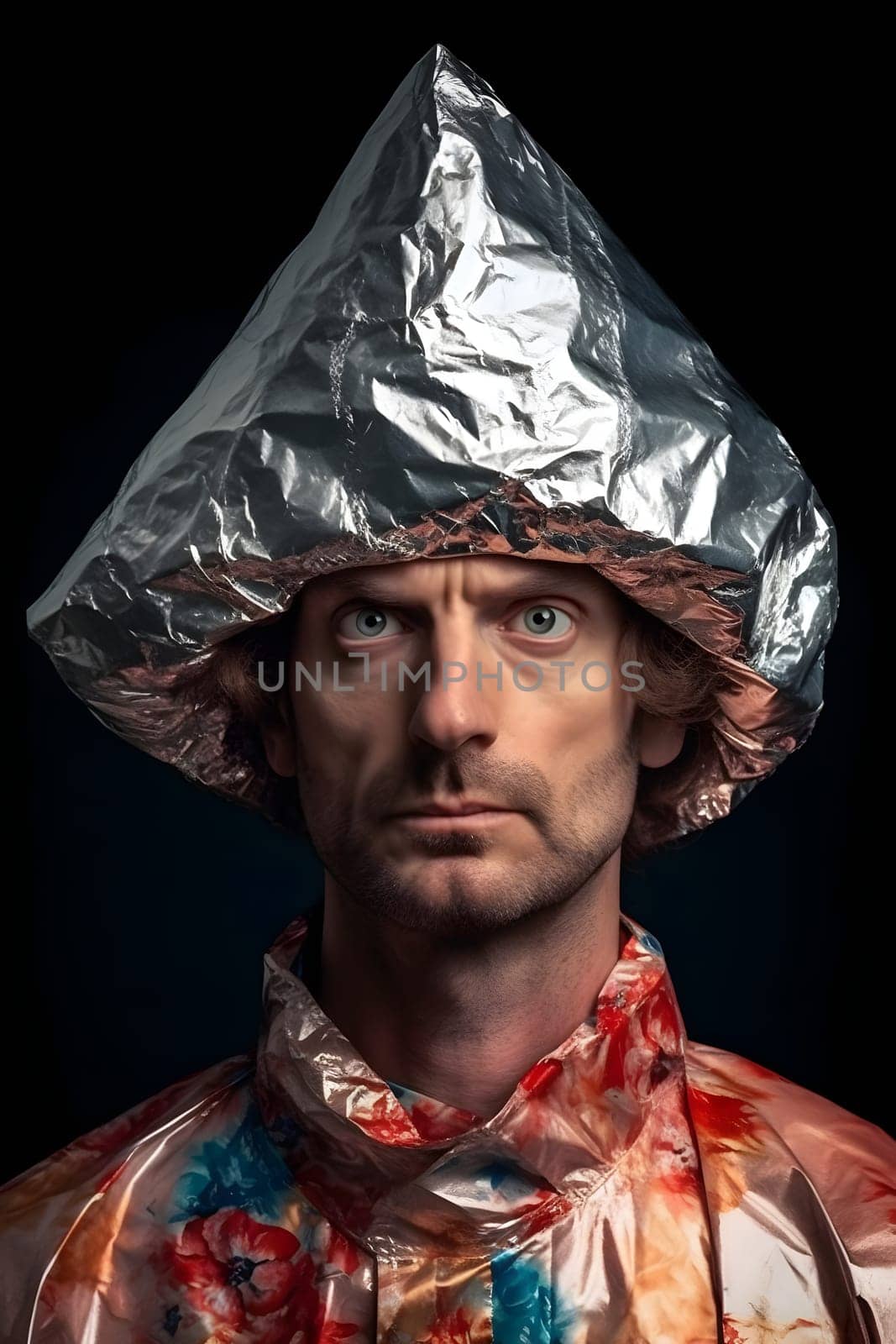 suspicious caucasian man in foil hat looking into camera. Neural network generated in May 2023. Not based on any actual person, scene or pattern.