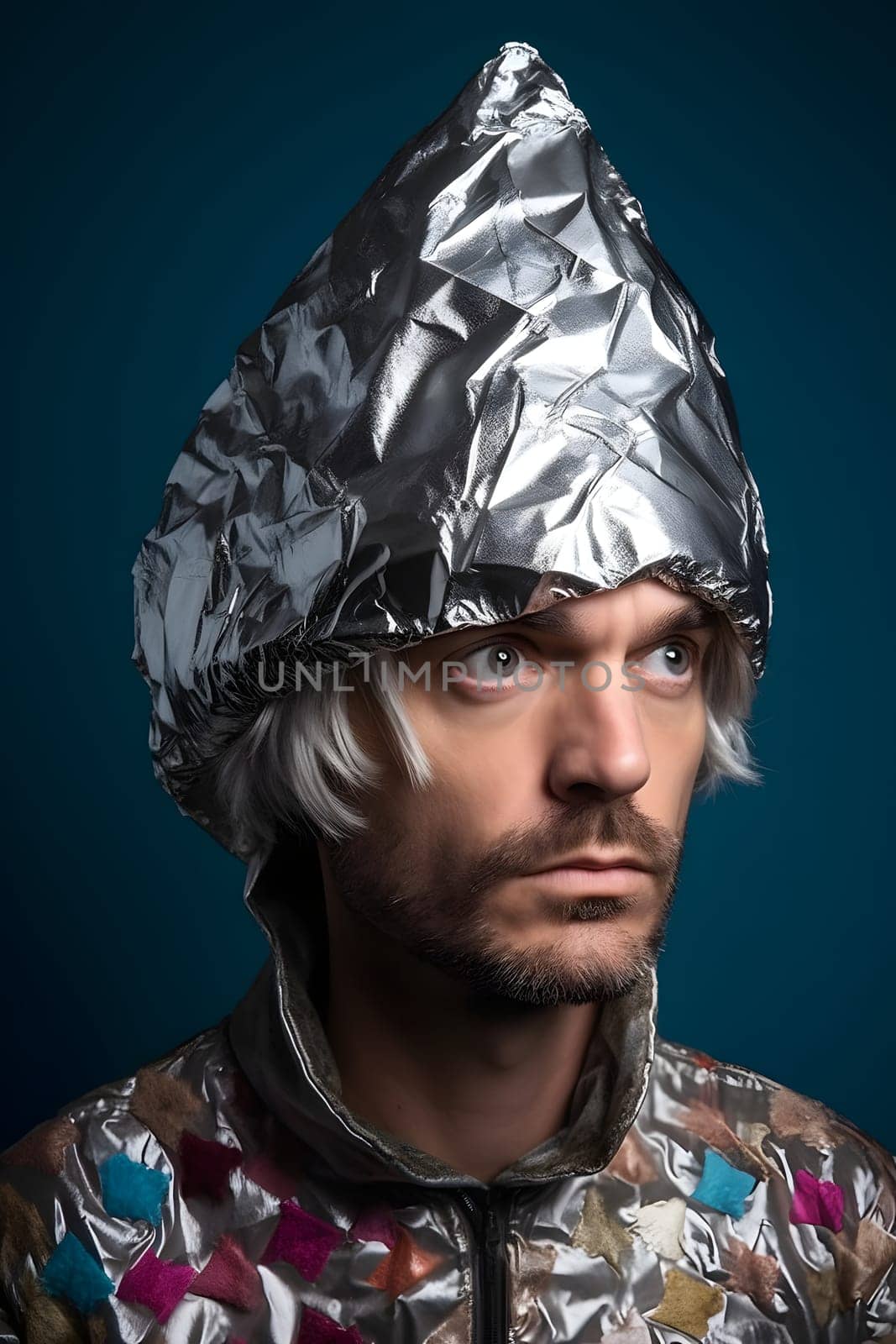 suspicious caucasian man in foil hat looking into camera. Neural network generated in May 2023. Not based on any actual person, scene or pattern.