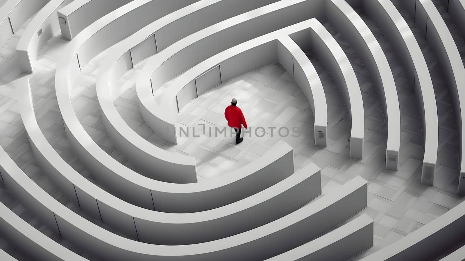 man in red jacket walking in the maze view from above. Neural network generated in May 2023. Not based on any actual person, scene or pattern.