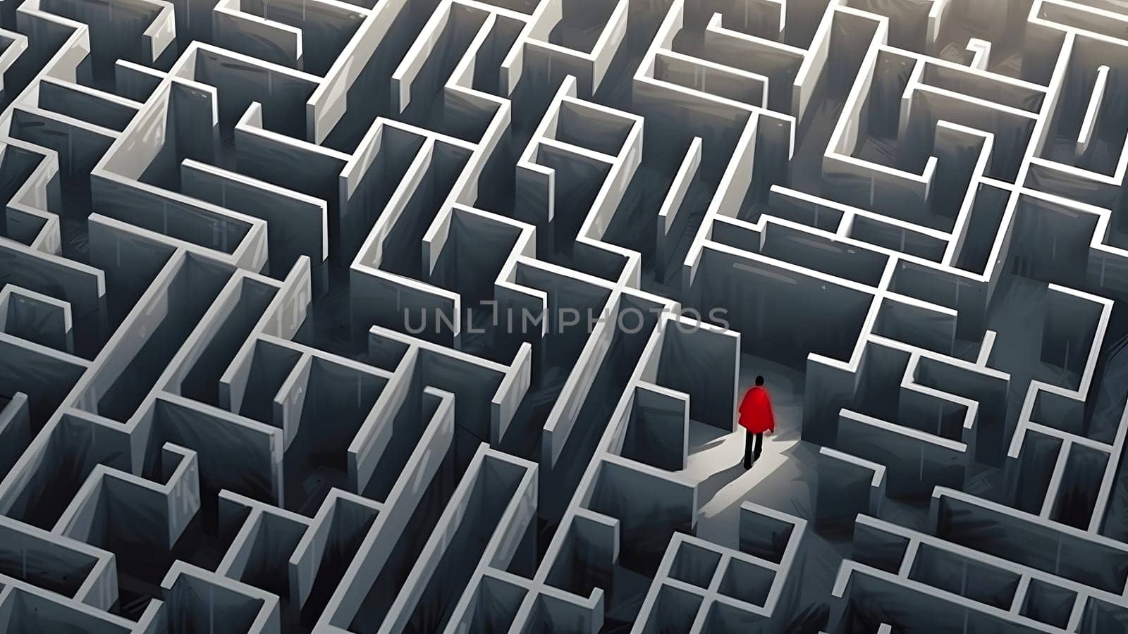 man in red jacket walking in the maze view from above, neural network generated image by z1b
