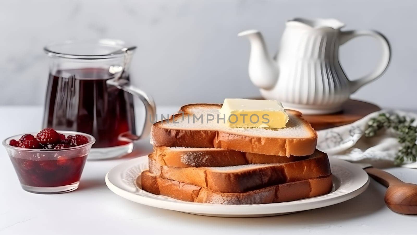 Sliced bread with butter and jam on a plate next to a kettle and jug, white background, neural network generated photorealistic image by z1b