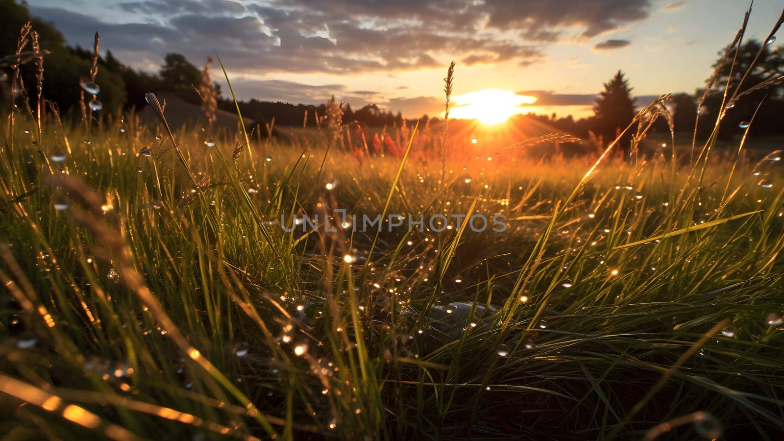 dew drops on morning grass at summer sunrise in the wild meadow, neural network generated photorealistic image by z1b
