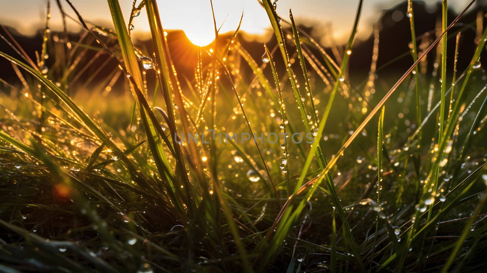 dew drops on morning grass at summer sunrise in the wild meadow, neural network generated photorealistic image by z1b