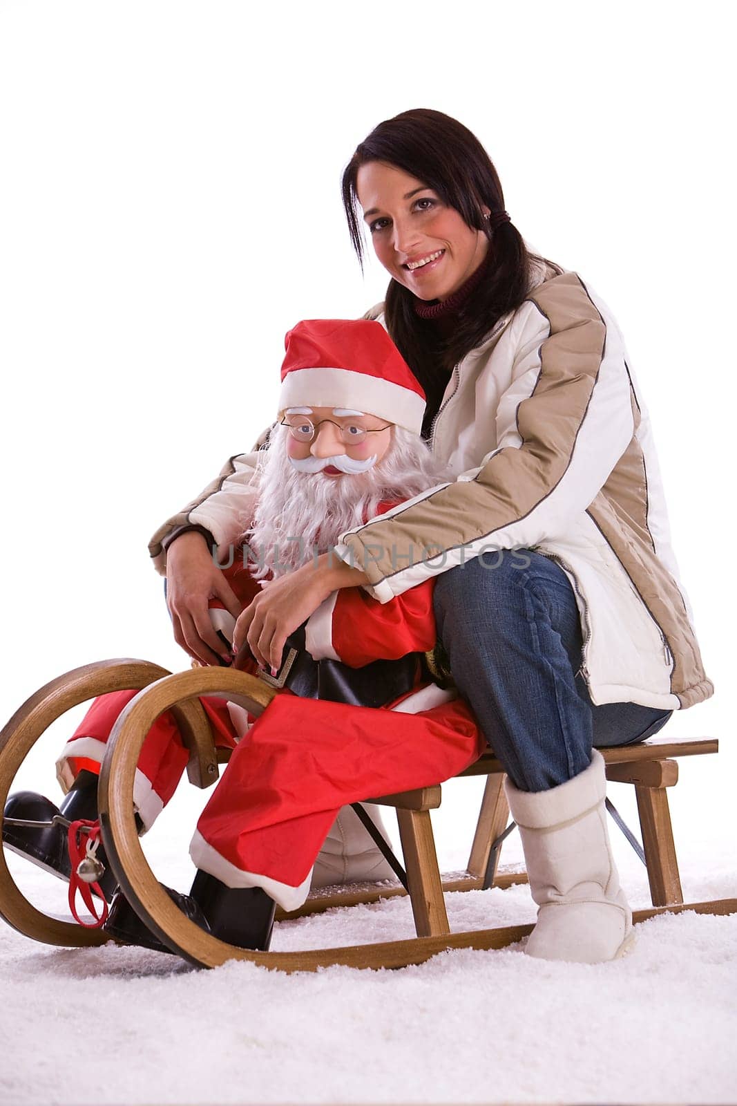 Woman with Santa Claus on sleigh