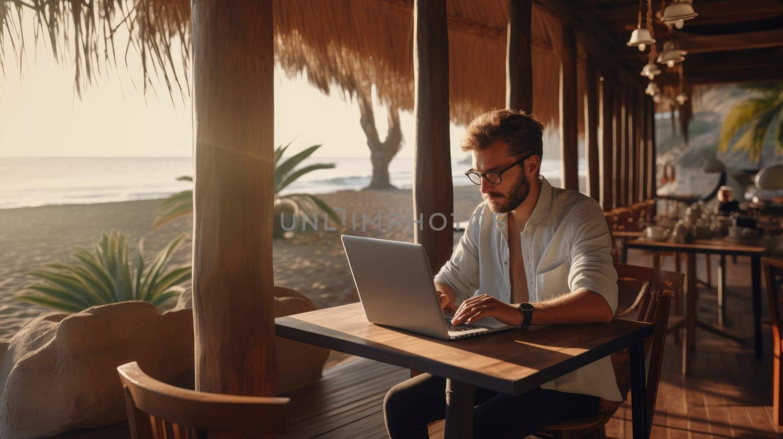 Man works at a laptop at a coastal cafe. Man sitting under palm trees on beach. AI