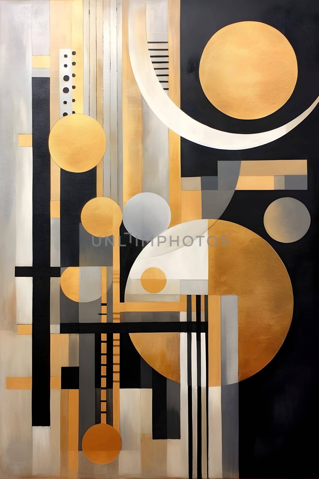 white, gold and black colored mid century art. Neural network generated in May 2023. Not based on any actual scene or pattern.