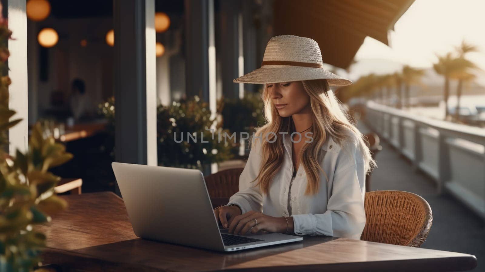 Beautiful woman works at a laptop at a coastal cafe. Concept of successful young independent woman. AI