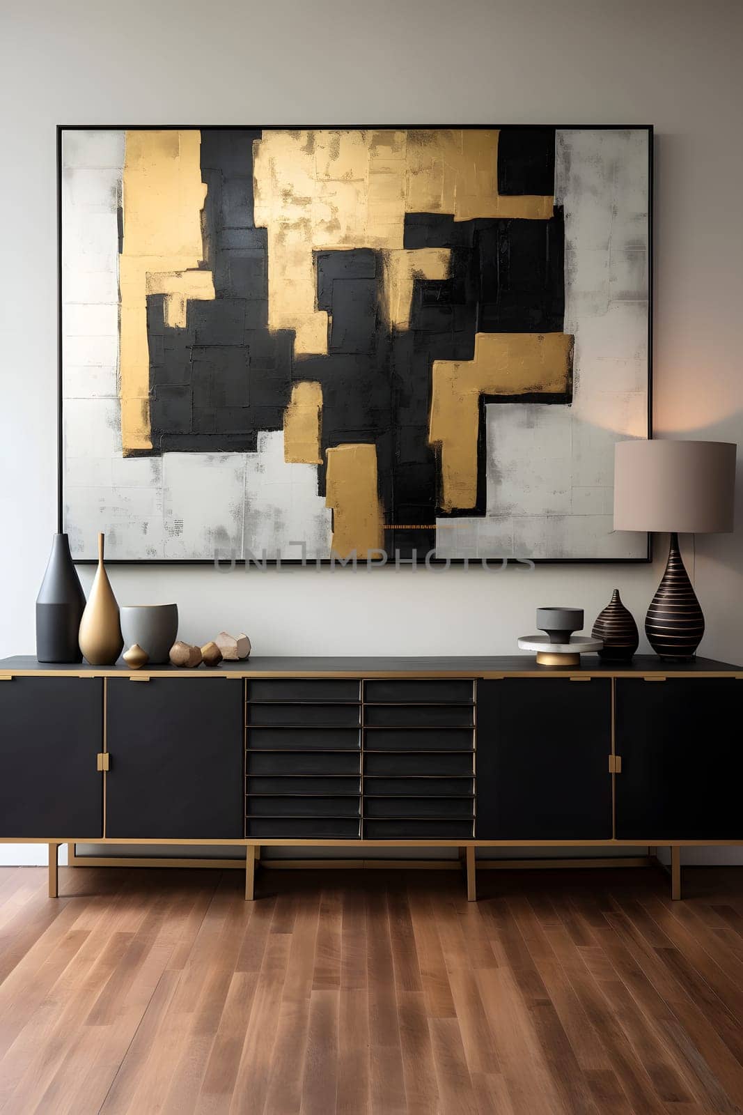 gold and black colored mid century art decorated dresser in front of wall with abstract art painting on it, neural network generated photorealistic image by z1b