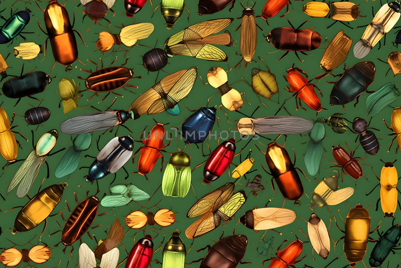 seamless doodle pattern with many different cartoonish bugs on green backlground. Neural network generated in May 2023. Not based on any actual scene or pattern.