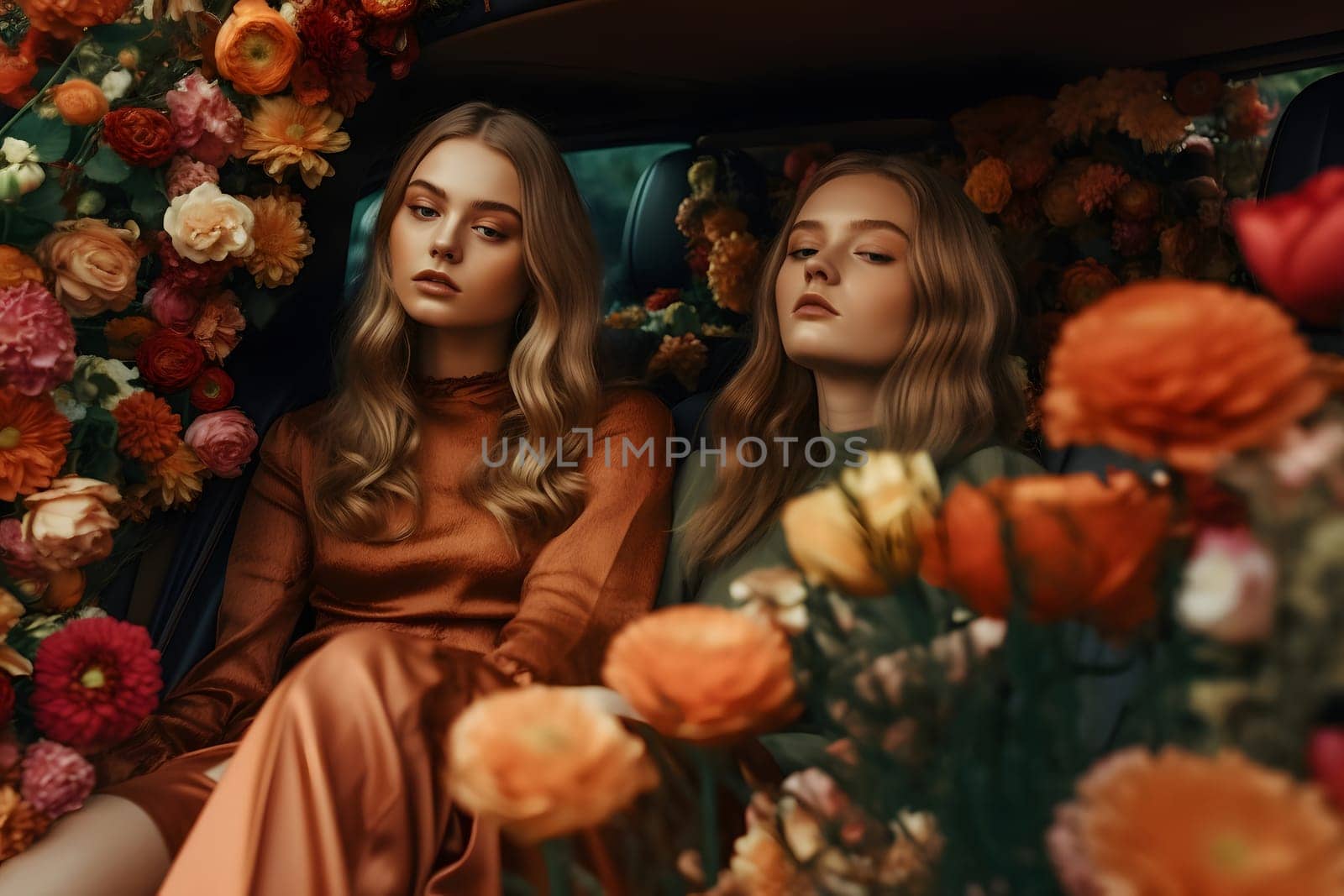 two attractive blonde caucasian young adult women on back seat of expensive car surrounded with flowers. Neural network generated in May 2023. Not based on any actual person, scene or pattern.