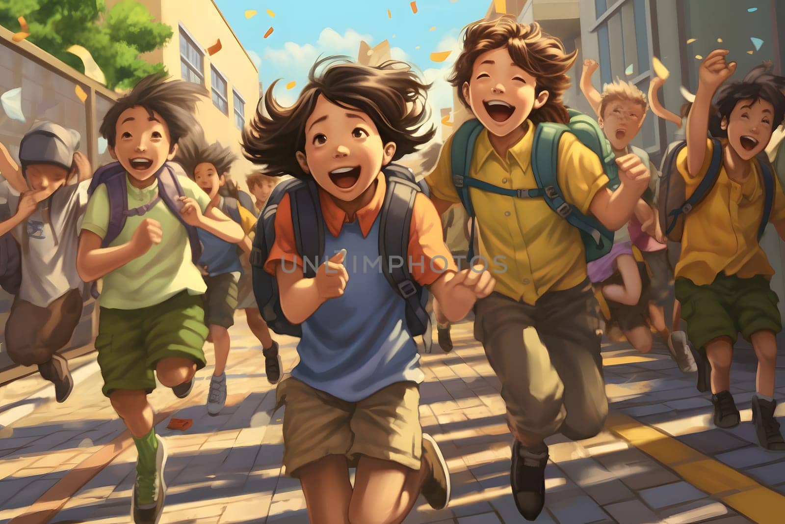 A group of student children running down a street, back to school concept. Neural network generated in May 2023. Not based on any actual person, scene or pattern.