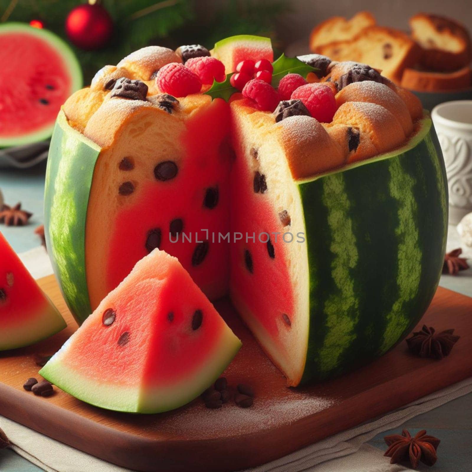 funny watermelon panettone italian christmas sweet cake in xmas atmospehere by verbano