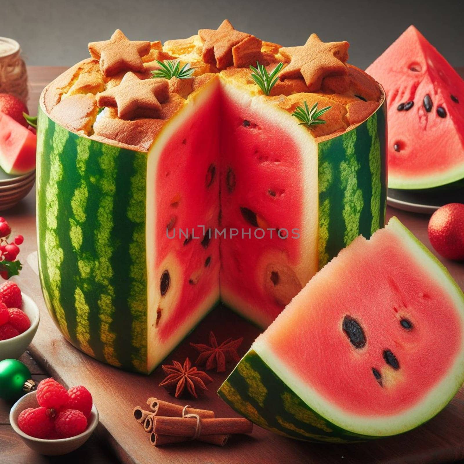 funny watermelon panettone italian christmas sweet cake generative ai art