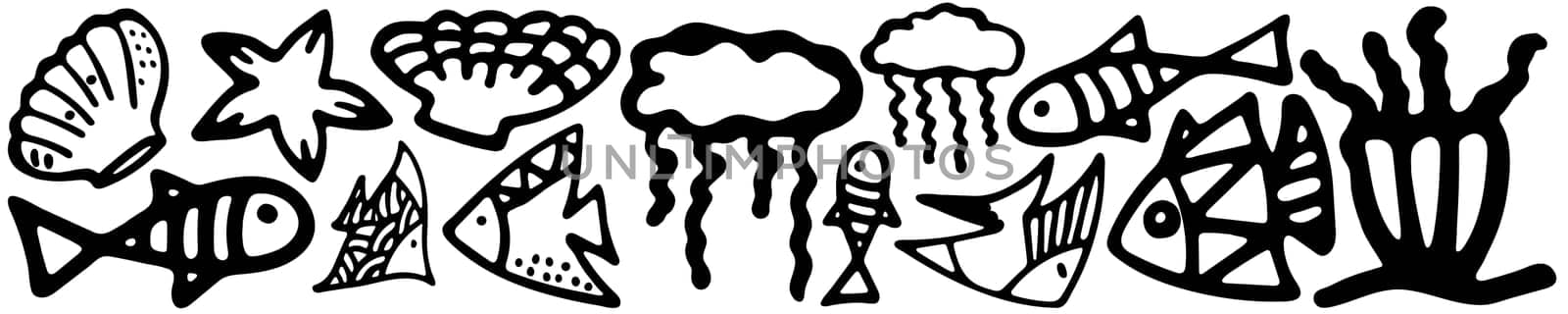 Set of cartoon fish, coral, starfish, anemone and jellyfish. Isolated objects on white background. Inhabitants of the underwater world for game, app, banner, swimming pool, print, kids and stickers.