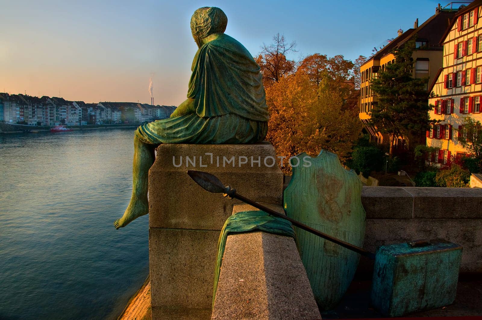 Helvetia,our national heroine,has packed her bags and is waiting on the banks of the Rhine for a ship to take her to Europe. As a European,she doesn't want to wait any longer... A satirical interpretation of mine,since the Swiss do not feel at home in Europe.