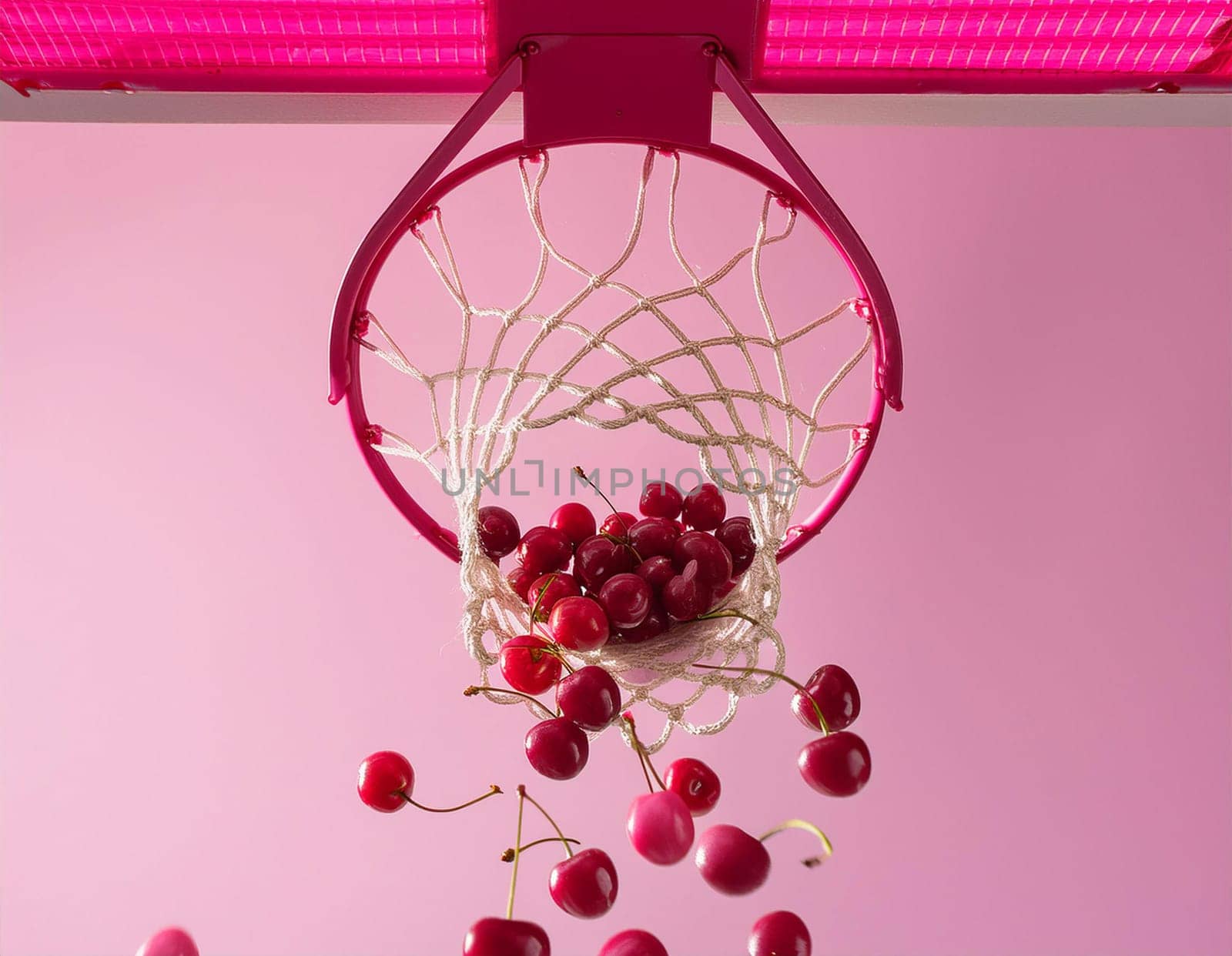 Red cherries falling into basketball hoop against pink sky.