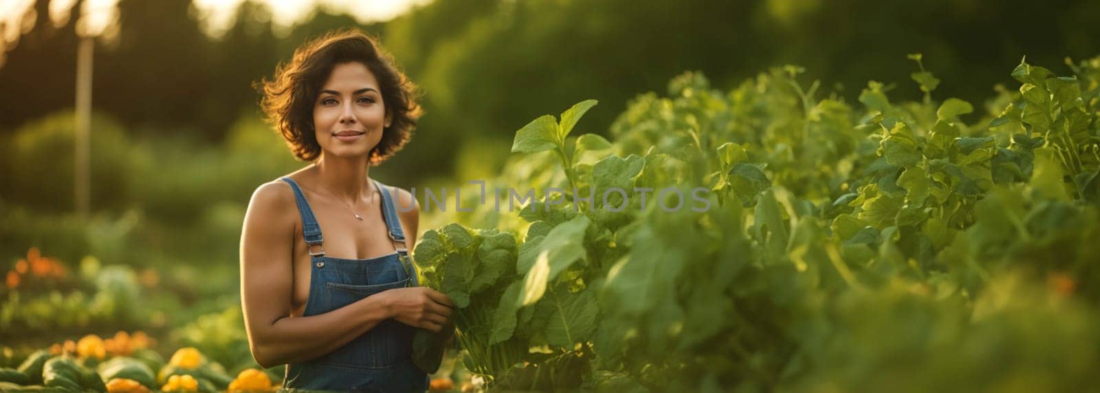 young adult woman farmer working in organic vegetable garden in the morning of sunny day generative ai art