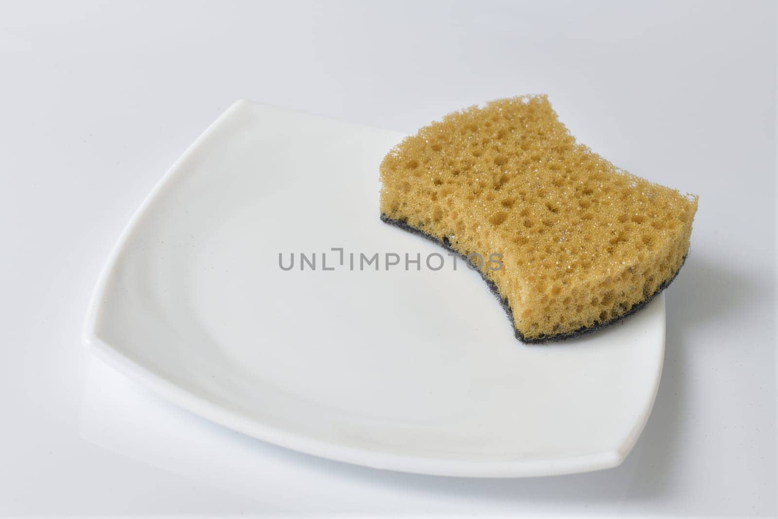 A dishwashing sponge lies on a white plate by olgavolodina