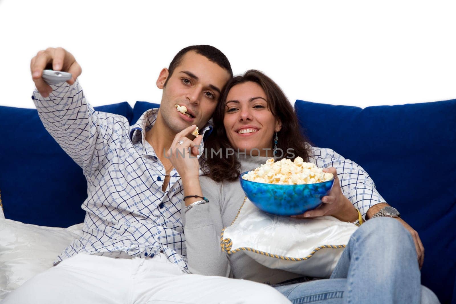 couple watching tv, isolated on white