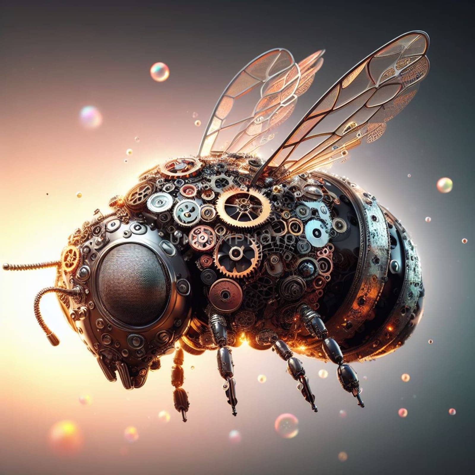 steampunk mechanical bee of the future isolated on gradient sunny background by verbano