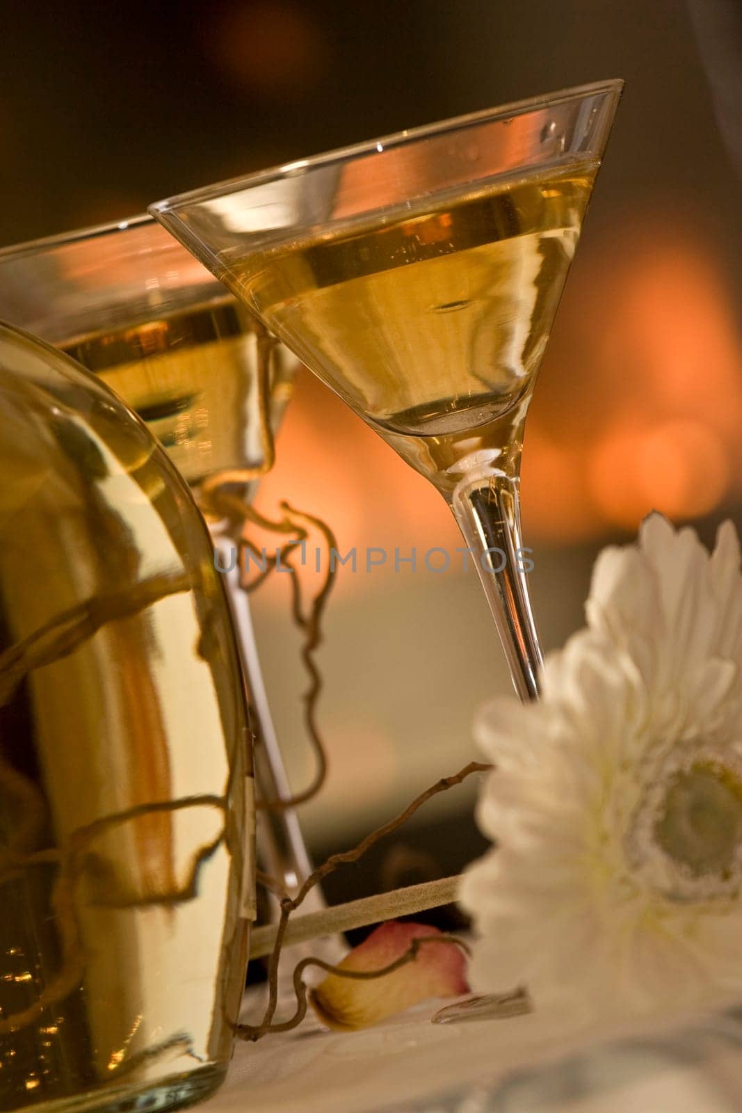 Martini glasses by the fireplace